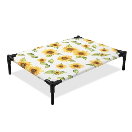 Summer Sunflower Elevated Dog Bed Watercolor Style Flowers Country Cooling Breathable Outdoor Raised Dog Cot Bed with Metal Frame Non-Slip Feet for Large Dog 28x22in