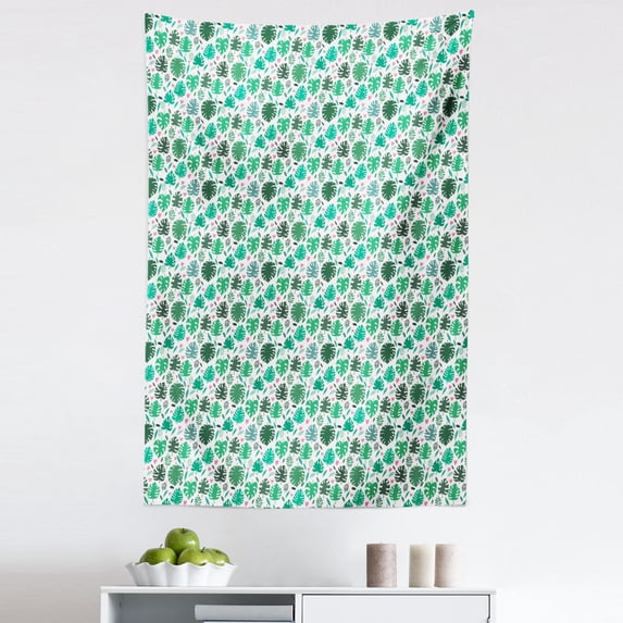 Philodendron Tapestry, Continuous Pattern with Cartoon Leaves and Hearts, Fabric Wall Hanging Decor for Bedroom Living Room Dorm, 5 Sizes, Jade Green Multicolor, by Ambesonne