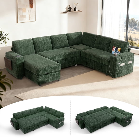 110" Modular Sectional Sleeper Sofa with Pull Out Bed, L-Shaped 7-Seater Couch with Hidden Storage, Cup Holders & USB Charging Ports, Tool-Free Assembly for Living Room
