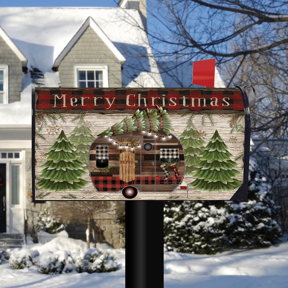 Briarwood Lane Merry Christmas Camper Primitive Mailbox Cover Fir Trees Standard