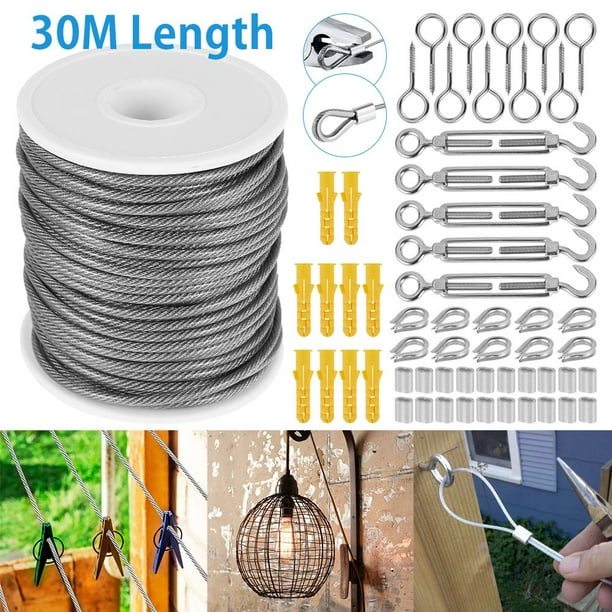 HAOAN 30M 2mm Convenient Stainless Steel Wire Rope Cable Hooks Hanging Kit  Tent Rope 