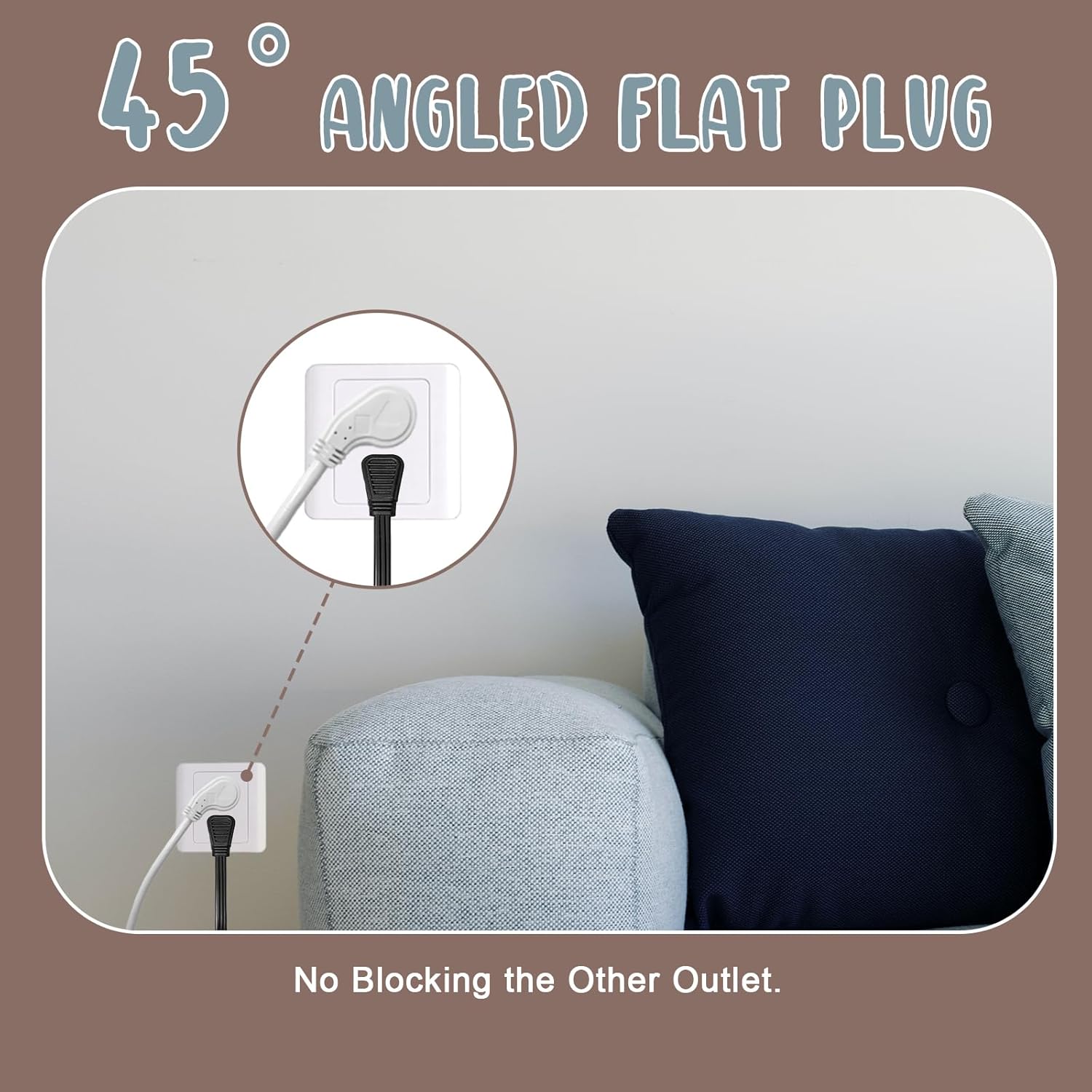 10 Ft Flat Plug Extension Cord，16/3 SJT Indoor Low Profile 3 Outlets Extension Cable with 45° Angled Flat Plug, Multiple Outlets Extension Cord, White