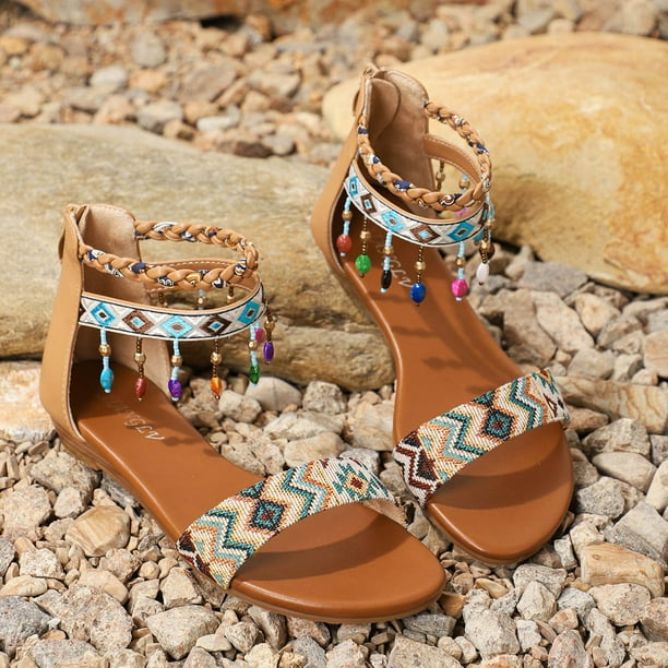 XIAQUJ Women Shoes Low Wedge Sandals Fashionable Outdoor Tassel Bohemian Beach Sandals Sandals for Women 2024 Brown 7.5