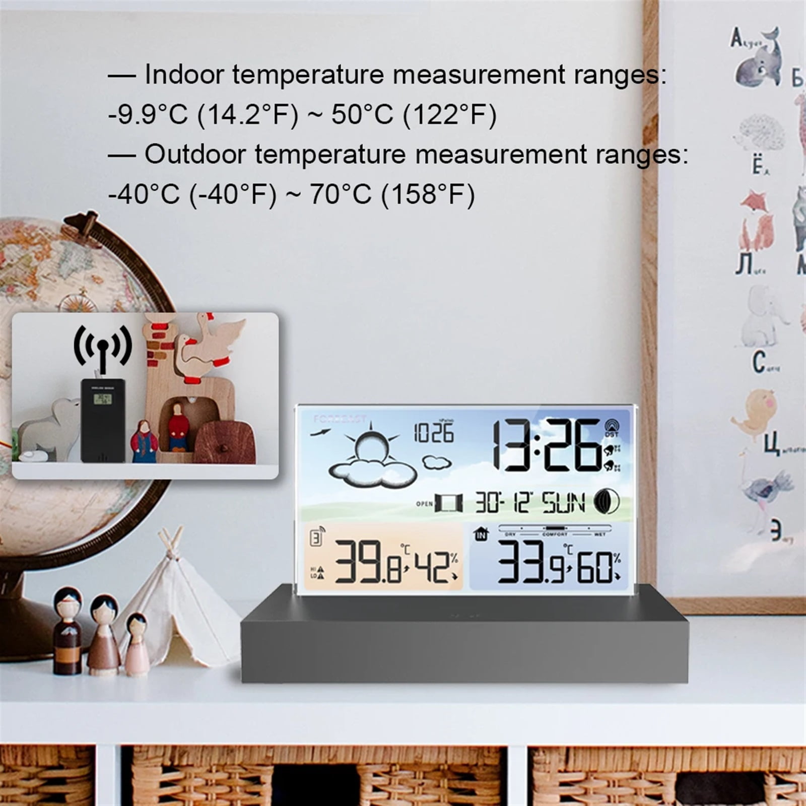 Digital Thermometer with Sensor Wireless Weather Station Temperature Humidity Weather Forecast Desktop Electronics Alarm Clock ,High Precision