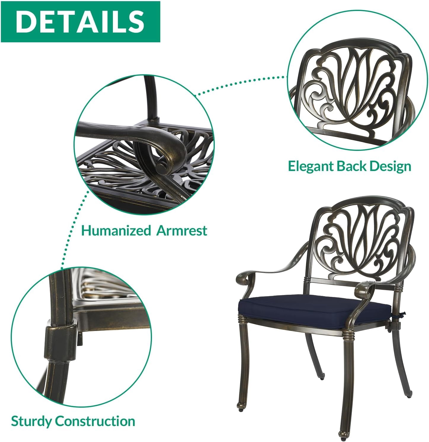 VIVIJASON 9-Piece Patio Furniture Dining Set, Cast Aluminum Rust-Free Outdoor Conversation Set, Include 61" Round Dining Table with 31" Lazy Susan & 8 Cushioned Chairs, Umbrella Hole, Navy Blue