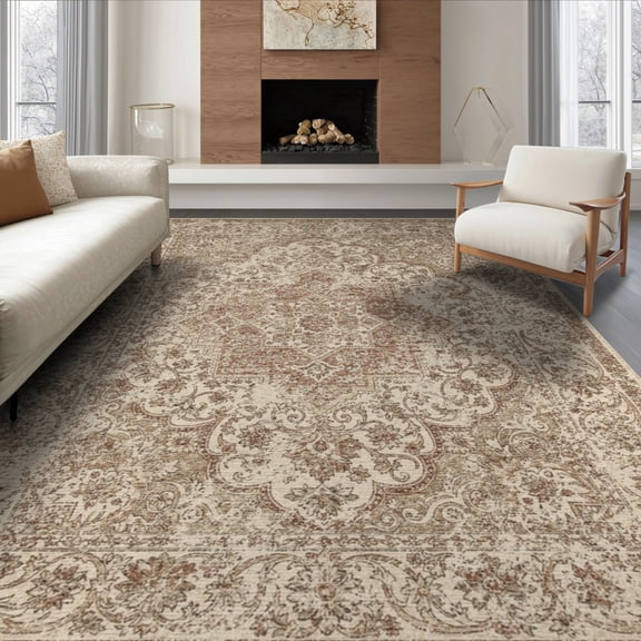 ODIKA 8'x10' Washable Area Rug Non-Slip Chair-Friendly Mat Ivory Tug Faded Vintage Farmhouse Bathroom Mongolian Tone Kilim for Dining Room, Large Office, Lounge