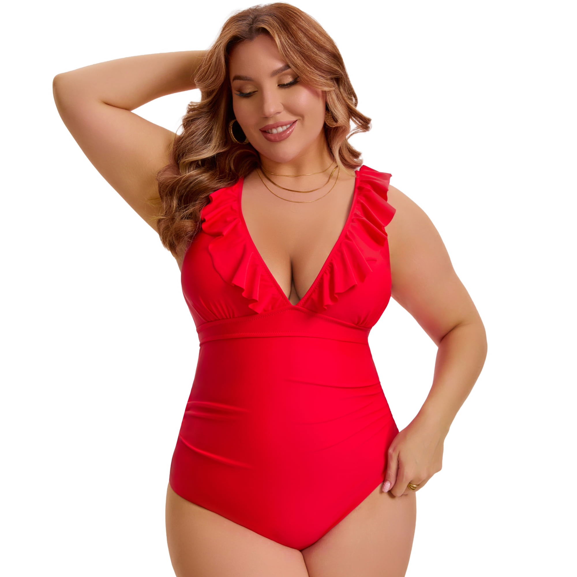 DARING DIVA Women's Plus Swimsuit Ruffled V Neck Tummy Control Bathing Suit L Red