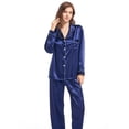 thumbnail image 5 of Finvizo Womens Silk Satin Pajamas Long Sleeve Set Two-piece Sleepwear Silky Button-down Nightwear Soft Loungewear Sets, Navyblue S, 5 of 5