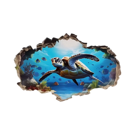 3D Broken Wall Underwater World Bathroom Wall Sticker B - 3-dimensional illusion with vivid sea turtle & marine life, self-adhesive easy apply - for bathroom walls, wall decor, kids rooms, ocean lov
