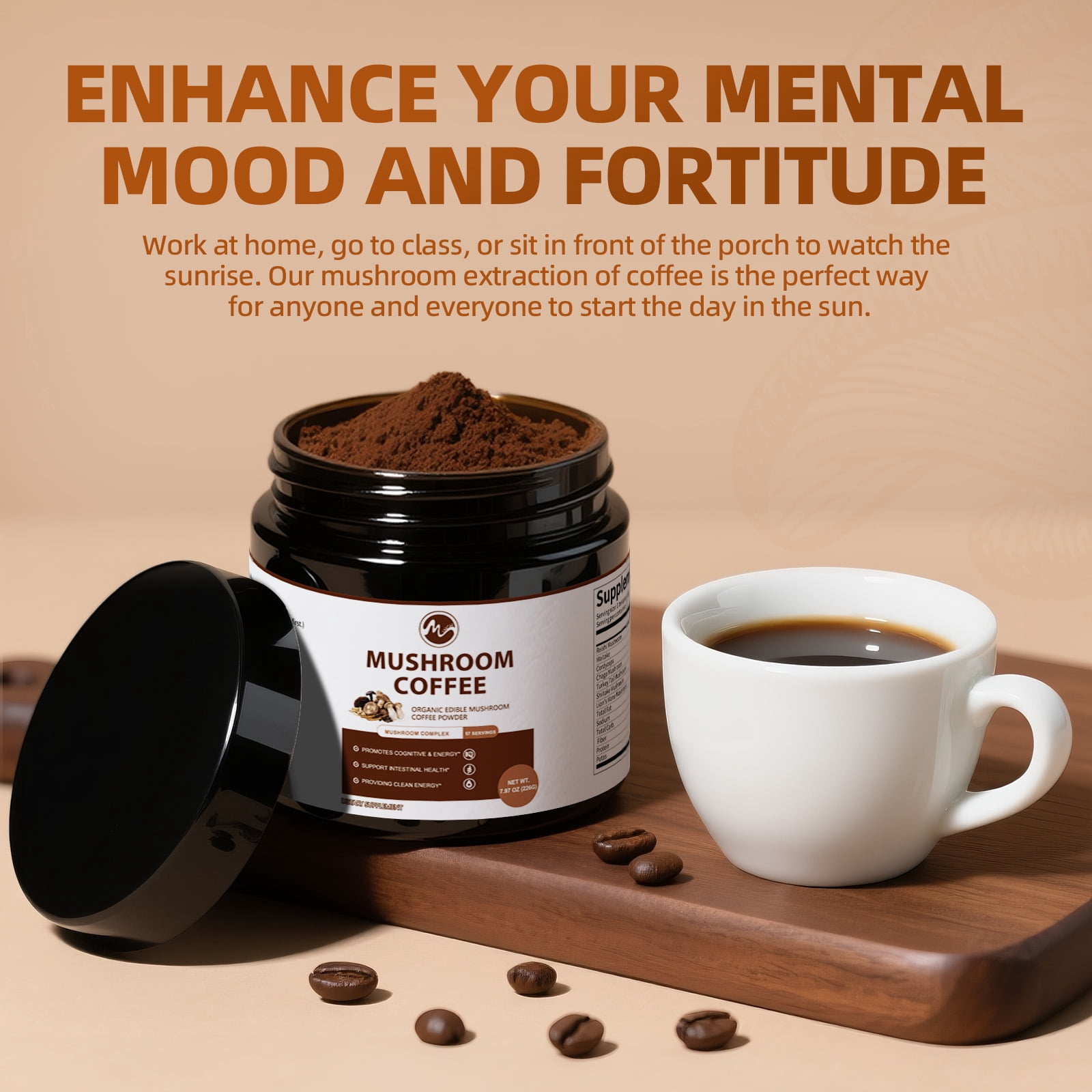 Mushroom Coffee Powder, Mushroom Supplement,for Energy, Focus, Memory and Immunity, 7.97 oz 57 Servings