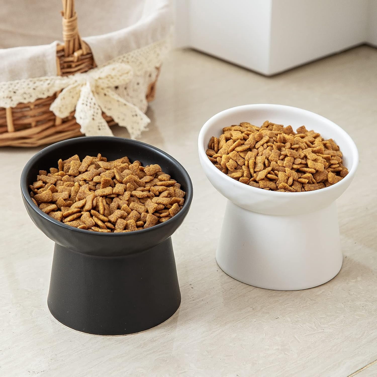 4 White Ceramic Elevated Cat Bowls, Tilted Stress-Free Design for Food or Water, Dishwasher and Microwave Safe, Lead-Free