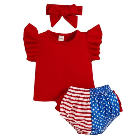 

Girls Fly Sleeve Independence Day 4th Of July Tops T Shirt Stars Striped Printed Ruffles Shorts Headbands Outfits