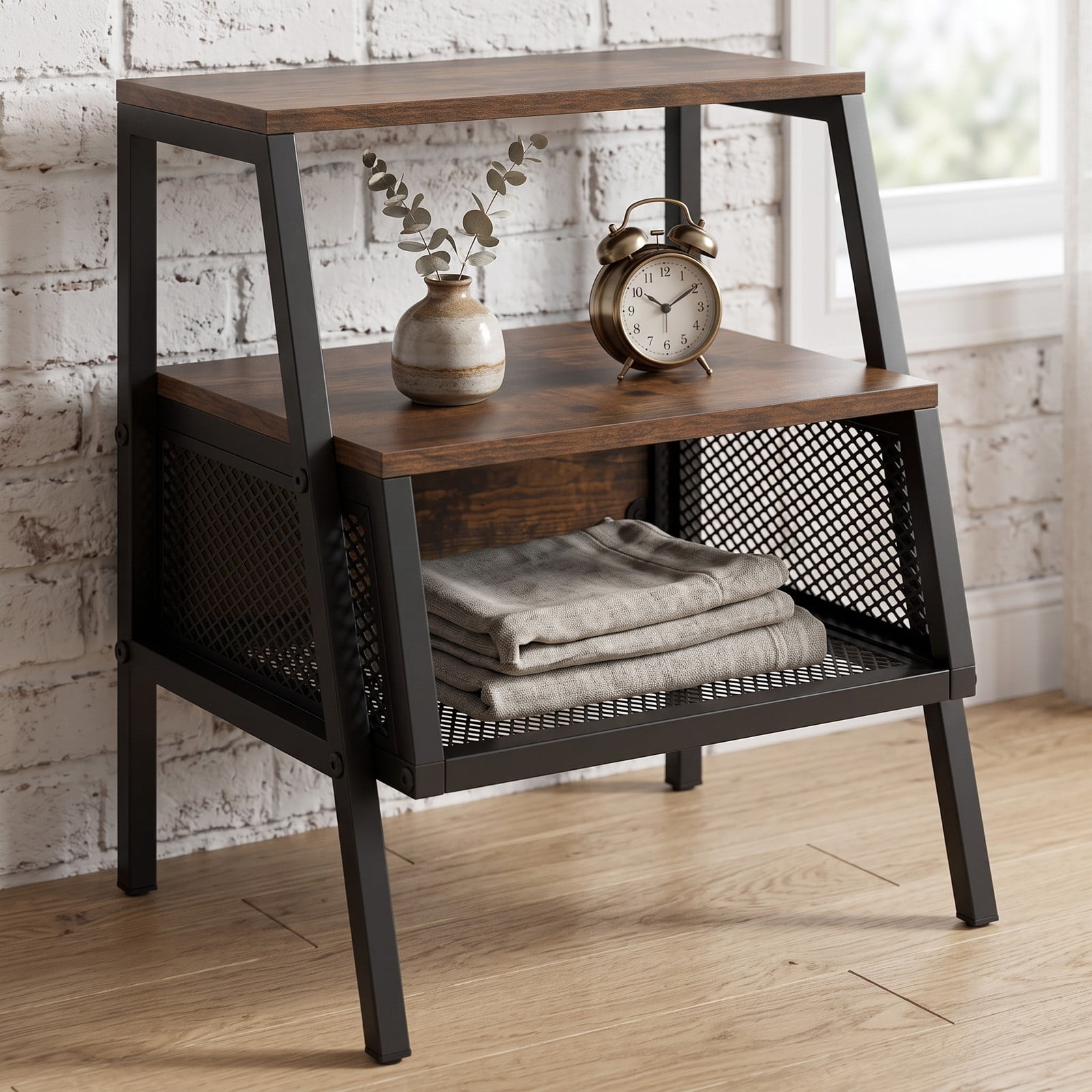 Furnibear Industrial Nightstand 3 Tier End Table with 2 Open Shelves and Metal Mesh Compartment for Bedroom, Rustic Brown