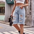 thumbnail image 4 of Pantalones cortos casuales de mujer con bolsillo Cintura media Piernas rectas Agujero Pantalones cortos de mezclilla Pantalones hasta la rodilla Azul L, 4 of 8