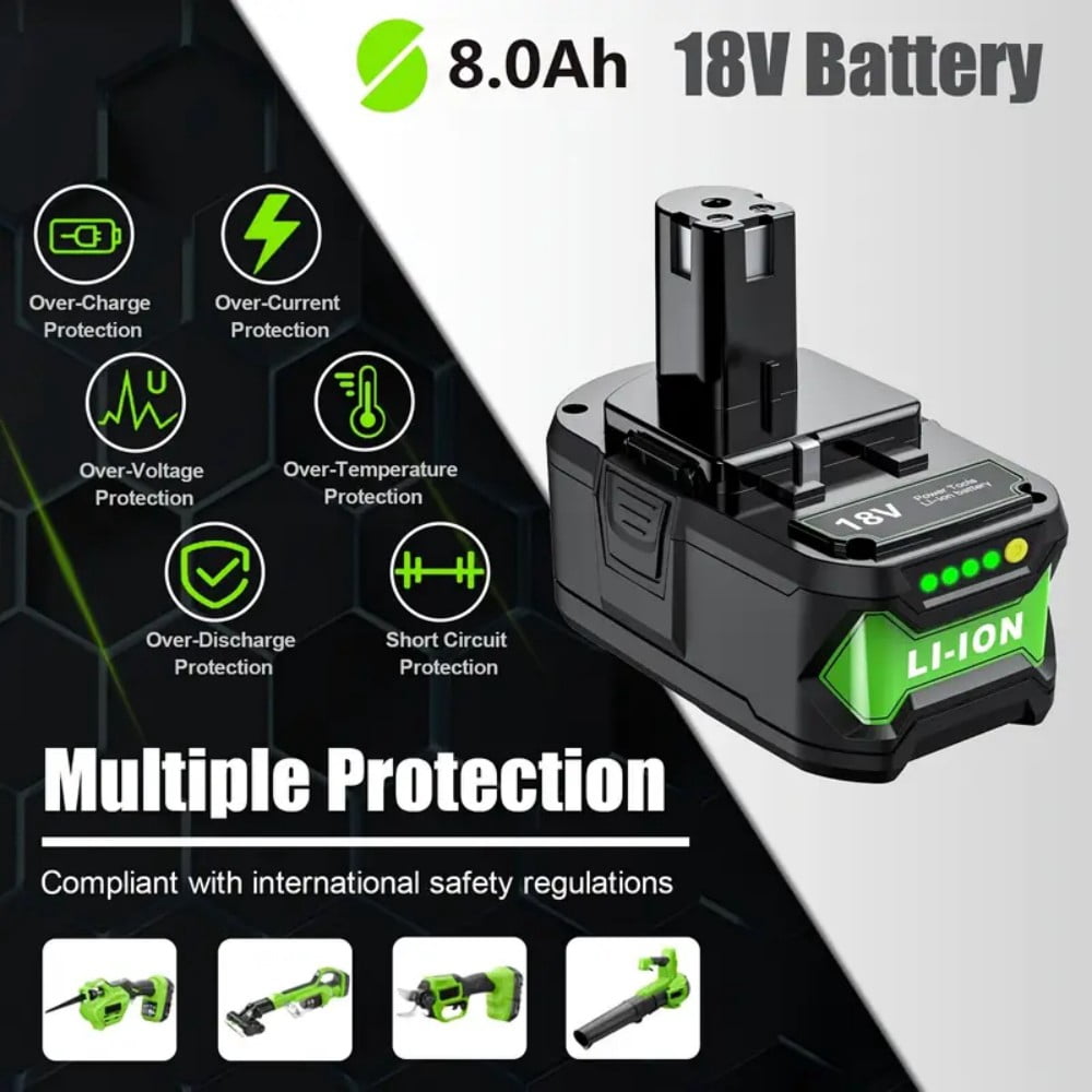 2 Packs Upgraded 8.0Ah P108 18Volt Replacement for Ryobi 18V Battery Lithium Ion P108 P102 P103 P104 P105 P107 P122 Cordless Tool Battery with LED Indicator
