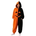 thumbnail image 2 of Halloween Colorblock Pumpkin Onesie, Zip-Up Hooded Flannel Jumpsuit with Jack-O-Lantern Face (1 PC) Coffee XL, 2 of 5