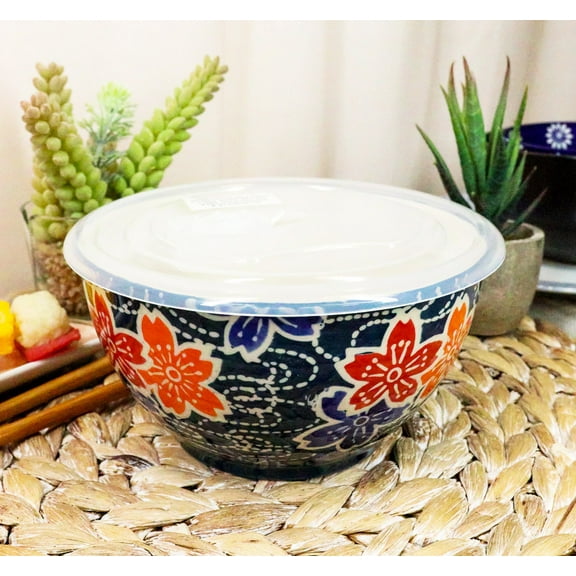 Ebros Set of 2 Ceramic Blue Cherry Blossoms Portion Meal Bowls 3 Cups W/ Lid