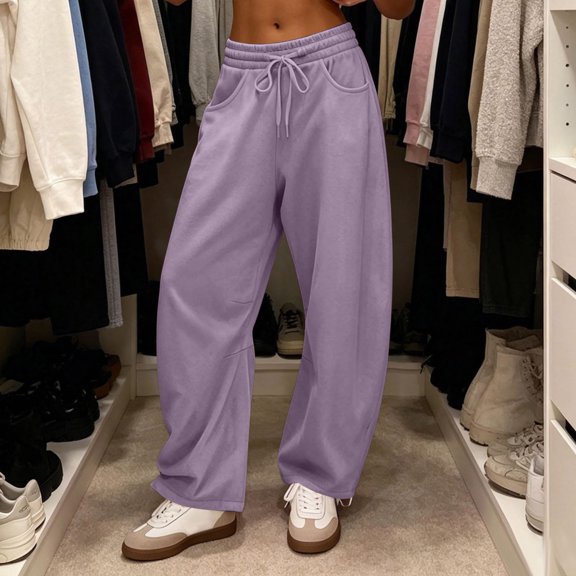 Nestiefly Barrel Sweatpants Women 2026 Fall Winter Fashion Casual Baggy Wide Leg Comfy Flowy Workout Sweat Pants with Pockets Purple M