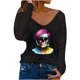 thumbnail image 1 of Camiseta de manga larga con cuello en V para mujer a la moda, blusa suelta con estampado de Navidad para otoño Pompotops  FGAJ14886, 1 of 4