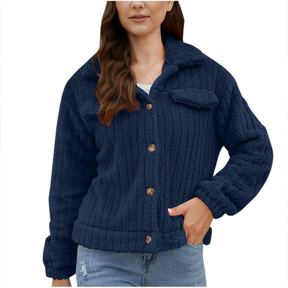 Bcresic Saving,Women's Sherpa Jacket Casual Lapel Fleece Fuzzy Faux Shearling Coats Warm Winter Button Down Coat Casual Work Long Sleeve Dressy Cardigans(Blue,S)