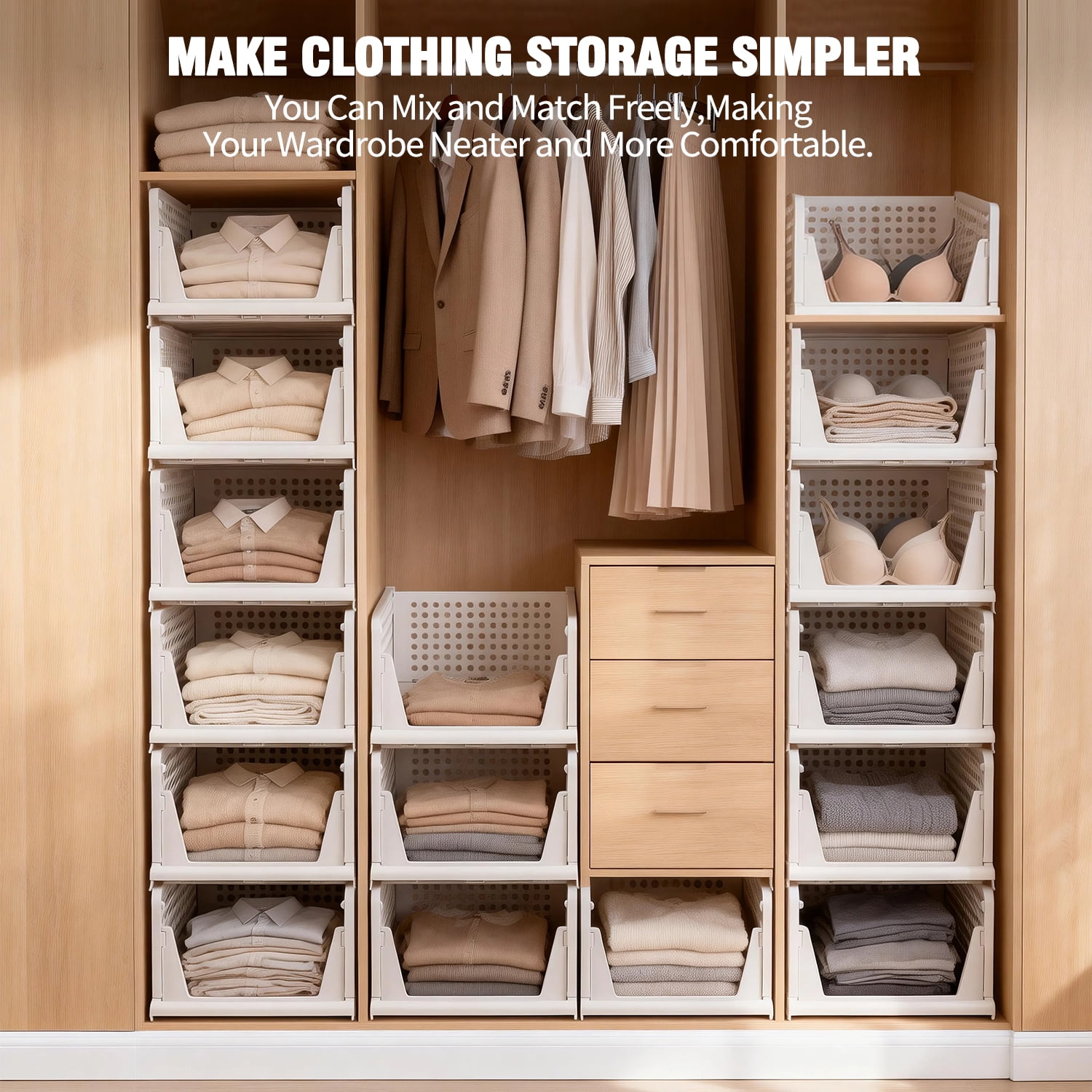 Taimasi 5 Pack Stackable Closet Storage Basket, Multifunctional Foldable Closet Organizer for Kitchen Bathroom Laundry Room Wardrobe Storage, Space-Saving Clothes Storage Drawer Organizer, White
