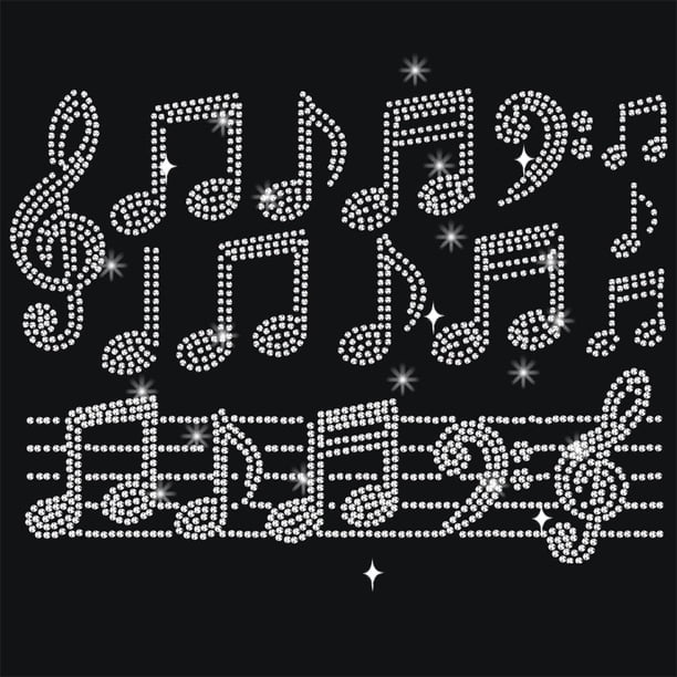 Parche termoadhesivo con diseño de notas musicales y diamantes de imitación, transparente, de 8,26 x 11,69 pulgadas, para reparación de ropa.