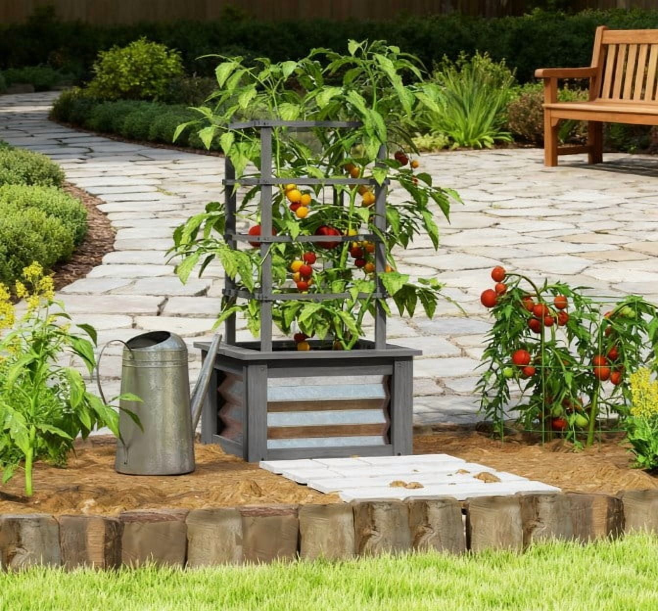 Raised Garden Bed, Versatile Galvanized Planter Box Elevated Garden Bed, Wooden Garden Bed with Trellis