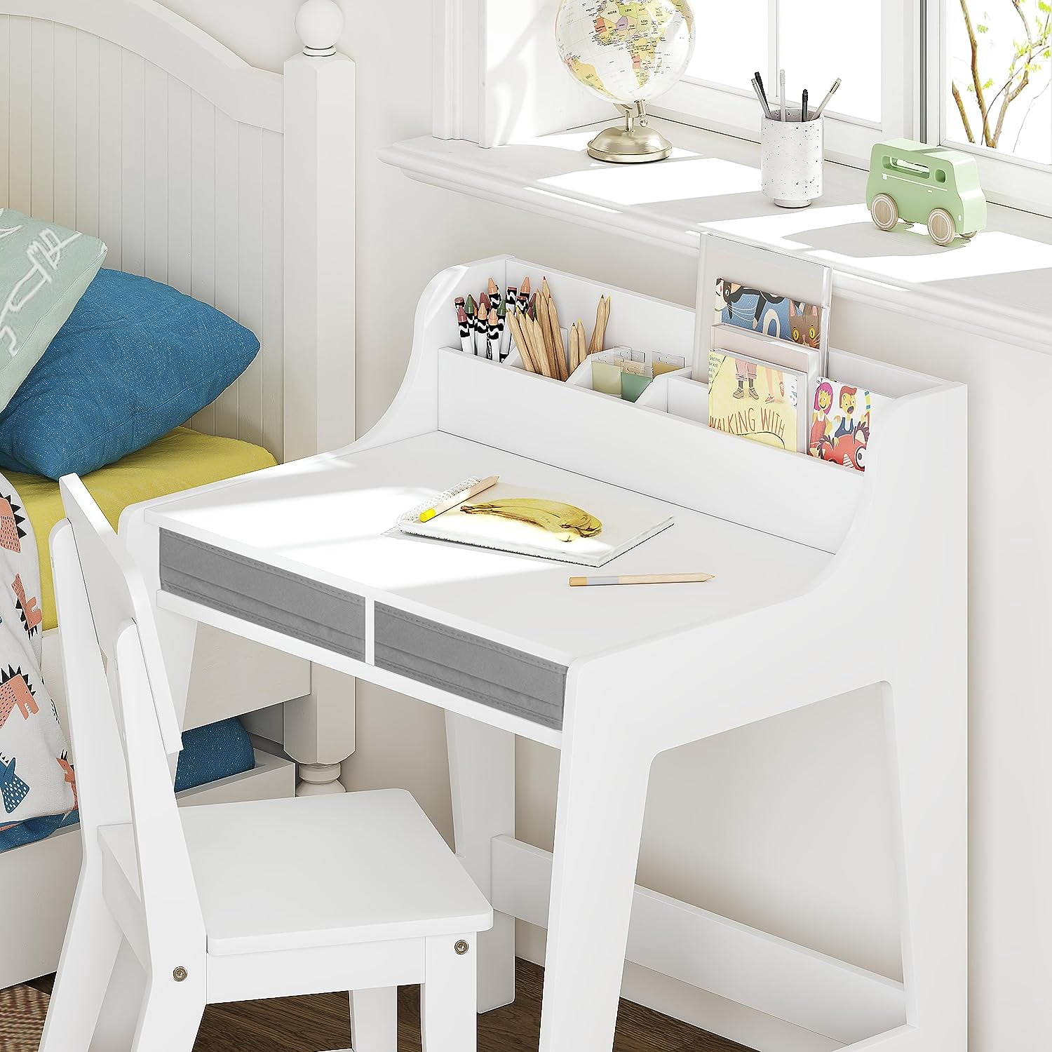 Utex Kids Study Desk with Storage Bins Activity Table and Chair Set, White