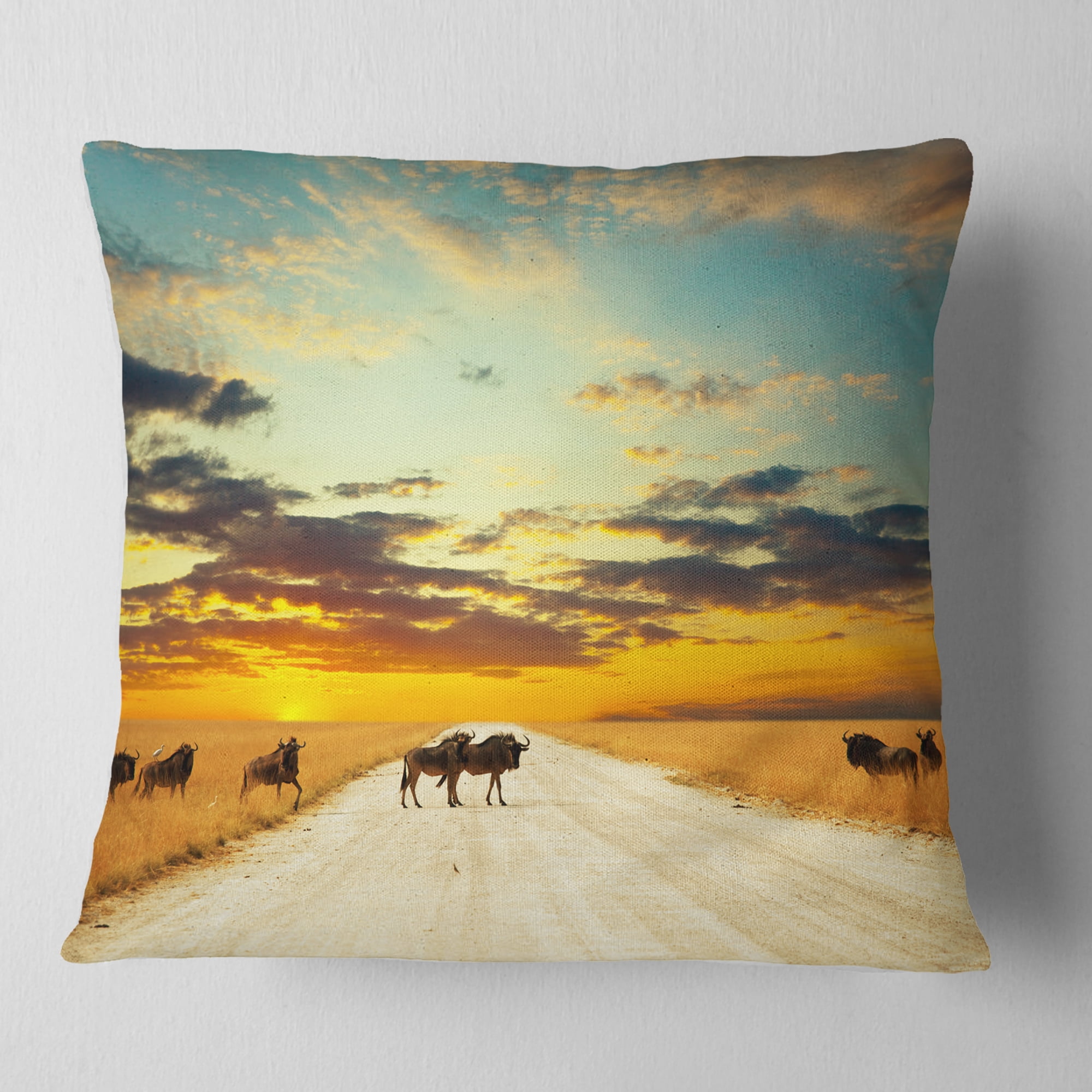 Designart Wildebeests Crossing Path in Evening - African Landscape Printed Throw Pillow - 16x16