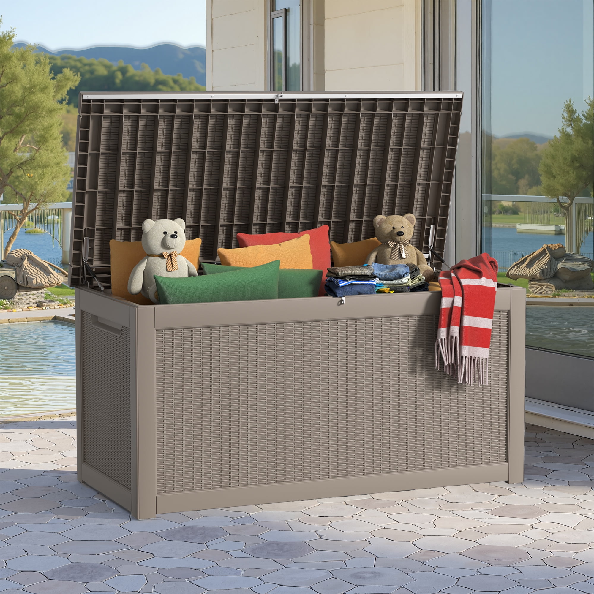 MAYEERTY 260 Gallon Outdoor Deck Box, Large Capacity Storage Box for Patio Furniture Cushions, Pillow with Wheels, Light Brown