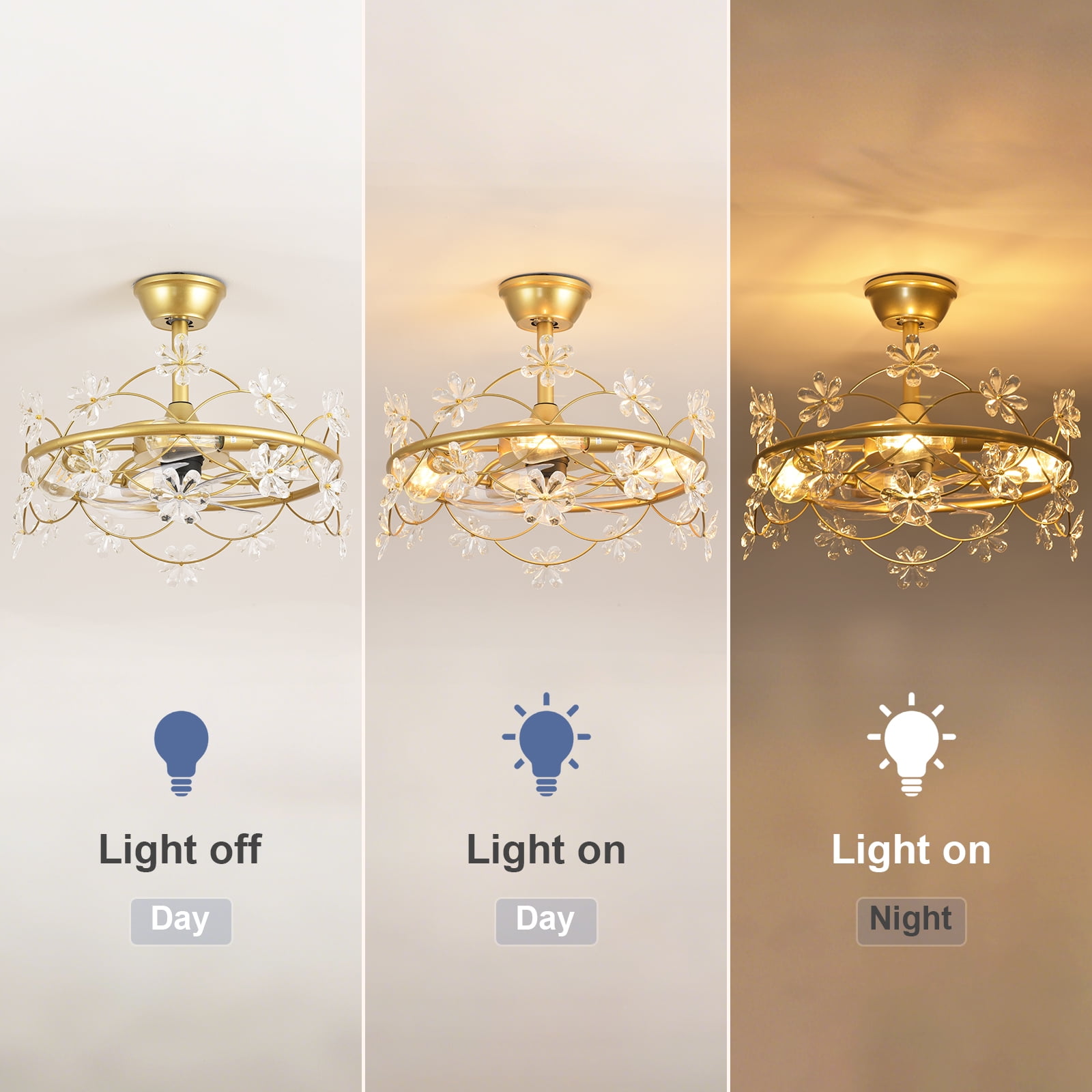 20" Gold Chandelier Ceiling Fan with Lights - Remote/APP Control, 4 LED Bulbs Included, 6-Speed DC Motor for Bedroom Living Room