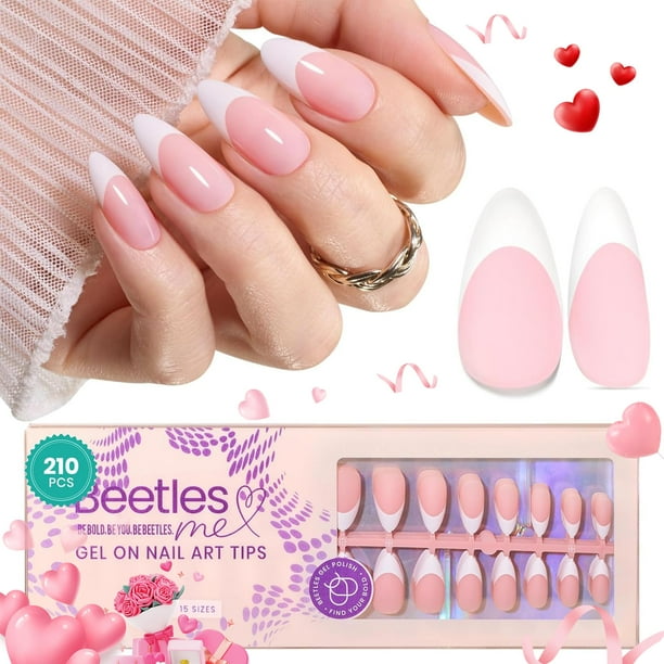 Press On Nails, puntas francesas con forma de escarabajos, 210 unidades, rosa, tamaño mediano