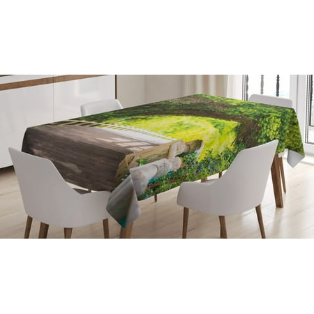 

Forest Tablecloth Nature Boardwalk Through Green Archway Bridge Foliage Trees Sunny Summer Day Rectangular Table Cover for Dining Room Kitchen 52 X 70 Inches Beige Green Brown by Ambesonne