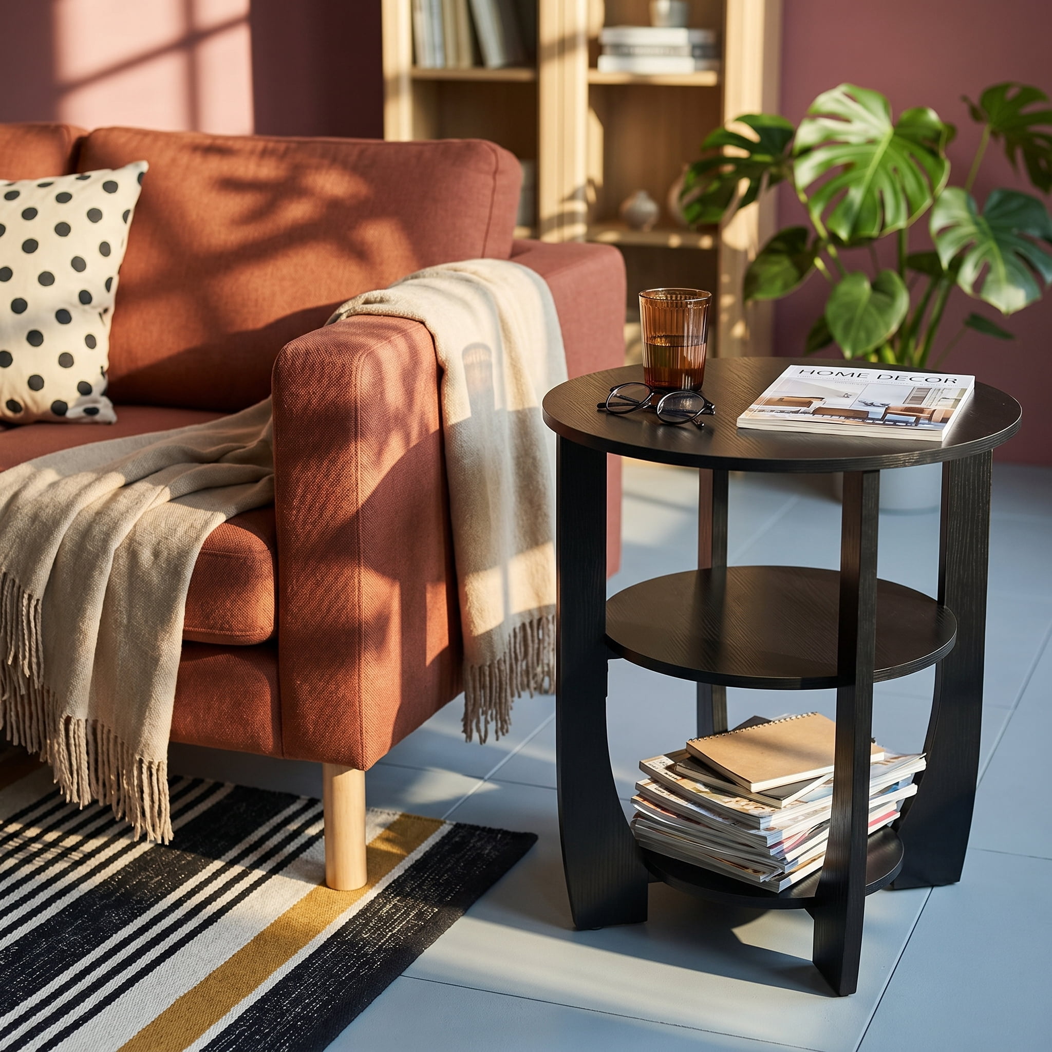 ZEXVIDA Round End Table with Storage Shelf,3 Tier Modern Side Table, Sofa Recliner Side Table,Accent Coffee Table,Nightstand for Living Room Bedroom for Small Spaces,19.7" D x 21.7" H (Black)