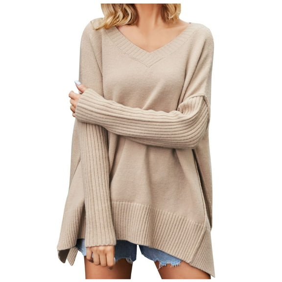 STETMN Plus Size Sweaters for Women V Neck Side Slit Long Sleeve Knit Pullover Tops Casual Fall Clothes