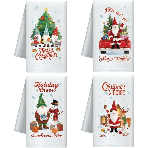 Christmas and Gnome Decorative Kitchen Towels Set of 4 Soft Absorbent Microfiber Dish Towel for Kitchen Tea Coffee Bar Home Best Gift for Housewarming Christmas Winter