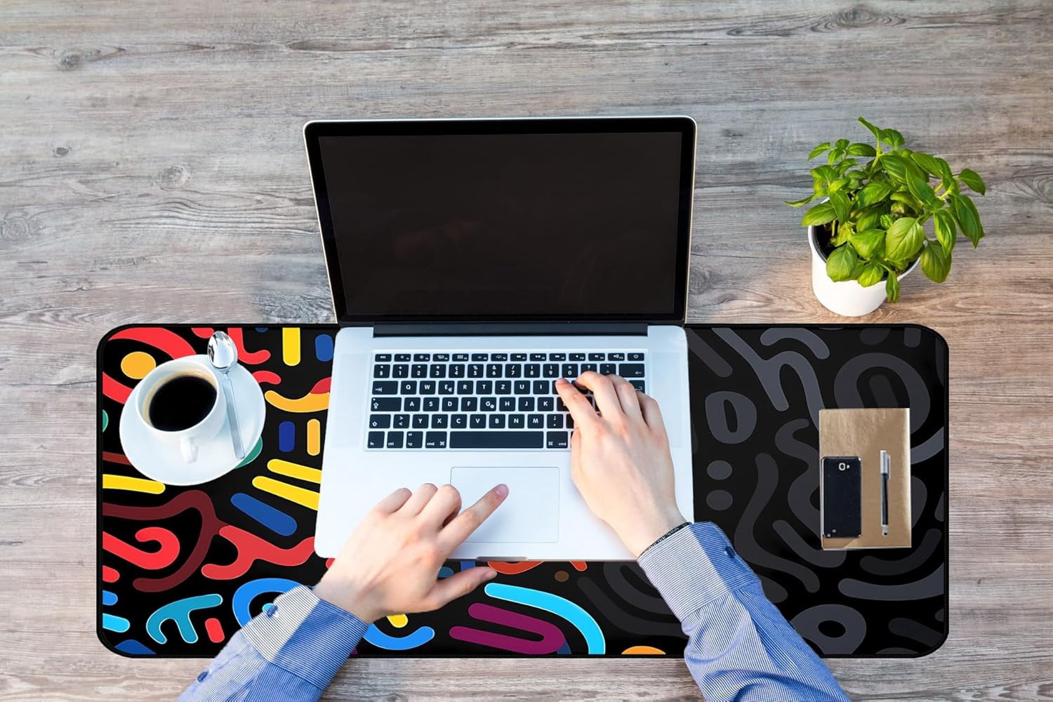 Colorful Line Desk Pad, Abstract Art Mouse Pad Mat XXL, Black Large Office Desk Keyboard Pad, with Non Slip Rubber Base and Stitched Edges Mouse Pad, Game Player's Desktop Decor 31.5"X15.7"