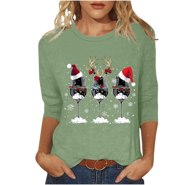 Hauts pour Femmes Décontractés T-Shirt à Imprimé de Noël Rouge Verre de Vin T-Shirt Graphique Manches 3/4 Col Ras du Cou Blouses Grande Taille pour Femmes, Vert, 2TG
