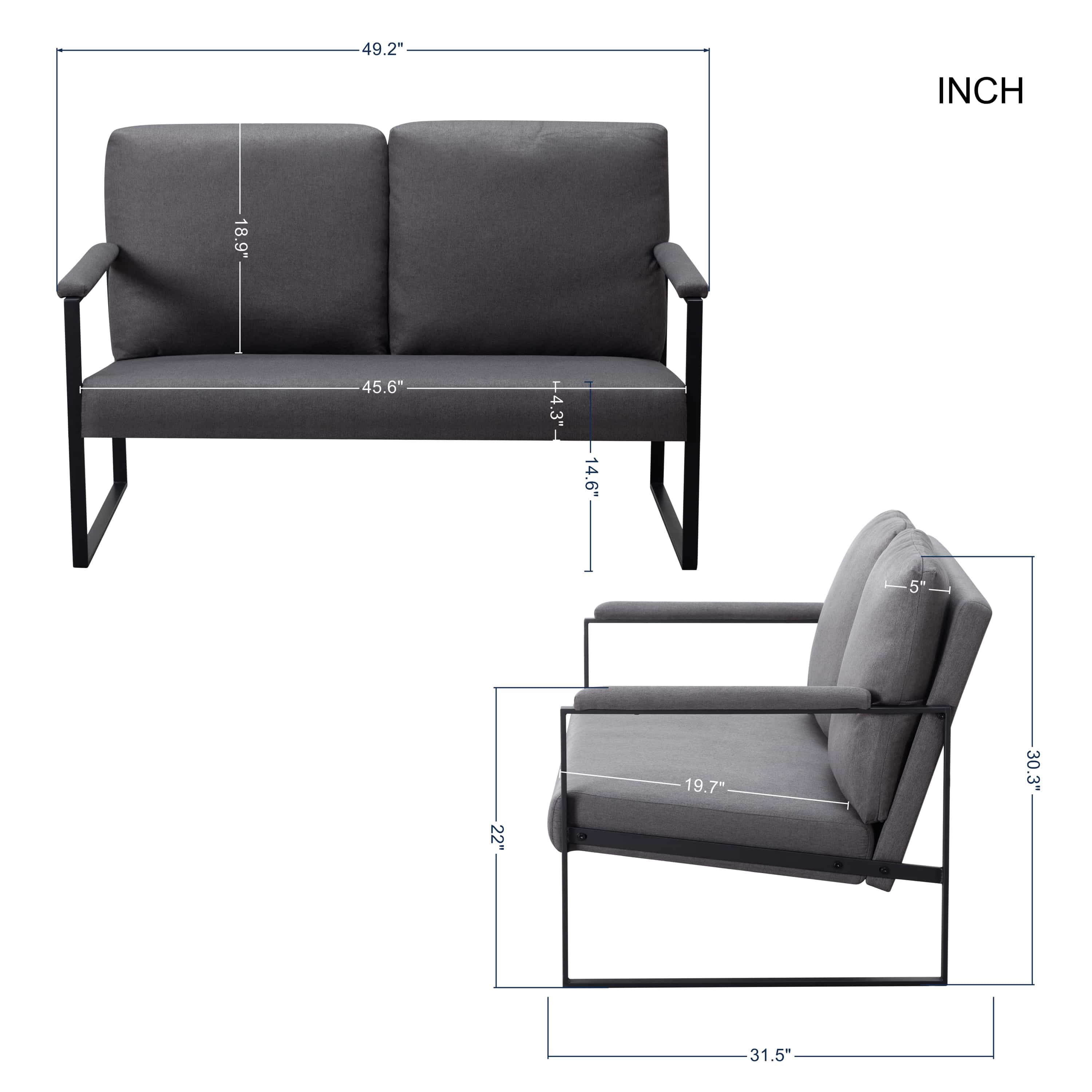 BSHTI Linen Blend Upholstery Loveseat,Sleek Metal Frame and Clean Lines,High-density Foam Loveseat,for Living Room,Bedroom,Study or Den(Dark Gray)