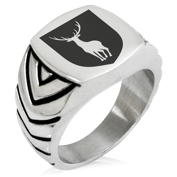 Stainless Steel Stag Purity Coat of Arms Shield Chevron Pattern Biker Style Polished Ring