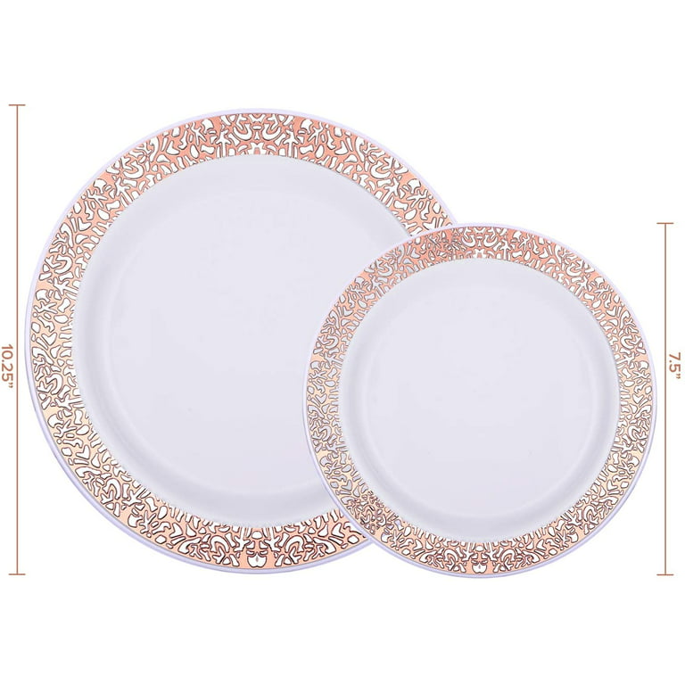 Focusline 102 Pcs Lace Rose Gold Plastic Party Plates, Lace Design Disposable Heavey Weight Plates for Wedding, 51 Heavy Duty 10.25 inch Dinner Plates