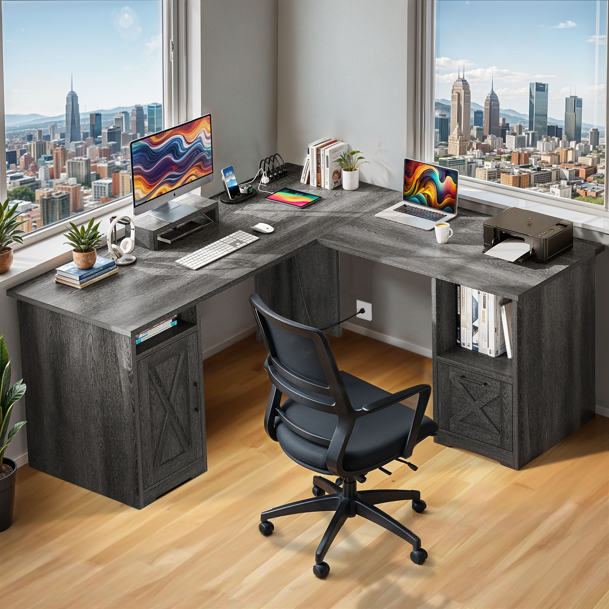 ModFusion 59 Inch L Shaped Corner Computer Desk with Power Outlets & USB Ports, Office Desk with File Drawer, Monitor Stand & Storage Shelves, Rustic Gray