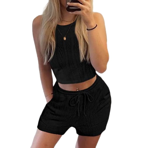 Trajes De Verano De 2 Piezas Conjunto de pantalones cortos de 2 piezas para damas Estilo casual Chaleco sin mangas Pantalones cortos Traje deportivo Ygjytge Xl Negro para Mujer