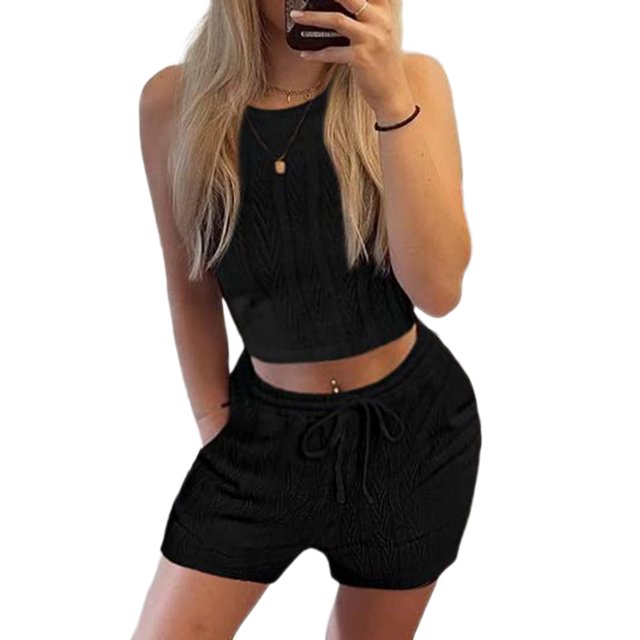 Trajes De Verano De 2 Piezas Conjunto de pantalones cortos de 2 piezas para damas Estilo casual Chaleco sin mangas Pantalones cortos Traje deportivo Ygjytge Negro M para Mujer
