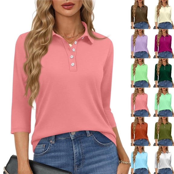 Women's Polo Shirts 3/4 Length Sleeve Tops Cotton Collared T Shirt Golf Shirt Business Casual Tees,Watermelon Red XXXL