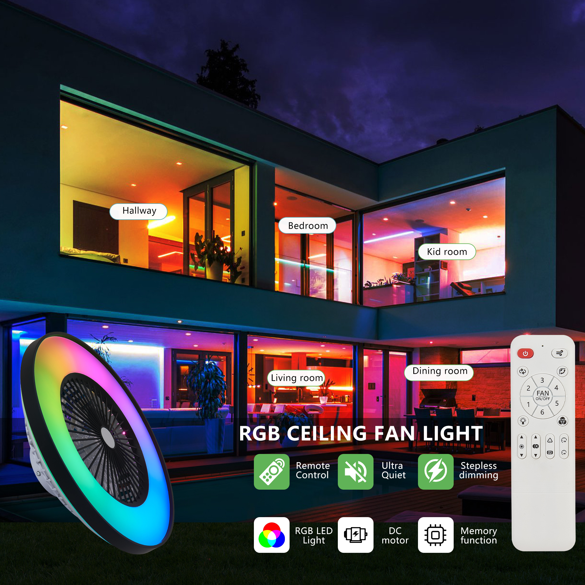 Leumius 23" Black Ceiling Fan Light with LED RGB, Dimmable & Color-Changing, APP & Remote Control, Modern Smart Ceiling Fan for Living Room Bedroom and Dining Room