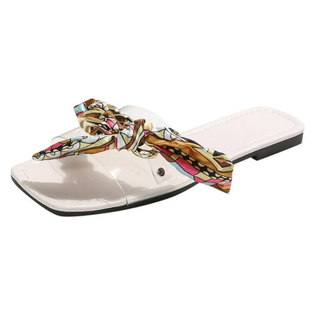 

MIASHUI Women s Slippers Fashion Spring Summer Women Slippers Flat Bottom Square Toe Slip On Lightweight Comfortable Ribbon Buckle Rings Transparent Upper Casual Style White 8.5