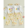 thumbnail image 3 of BemeyourBBs Infant Baby Girls Easter Chick Outfits Cute Girls Spring Clothes Long Sleeve Letter Print Romper Chicken Print Flared Pants Sets Headband Newbron Coming Home Outfit, 3 of 9