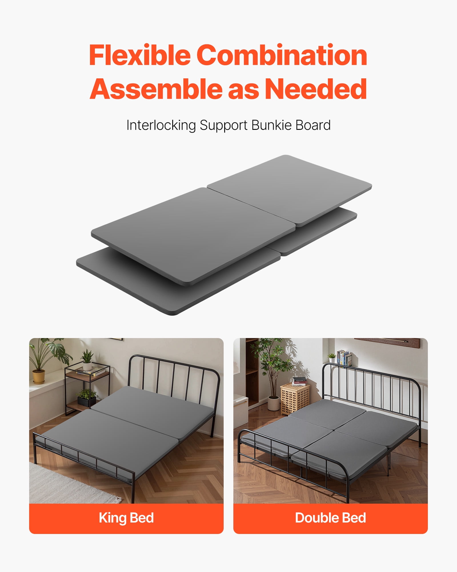VEVOR King Size Bunkie Board, 1.5 in Bed Board Slats with 200D Oxford Cloth, Wooden Mattress Support for King Size Bed, Easy Assembly Support under Mattress, 4 Piece, Gray