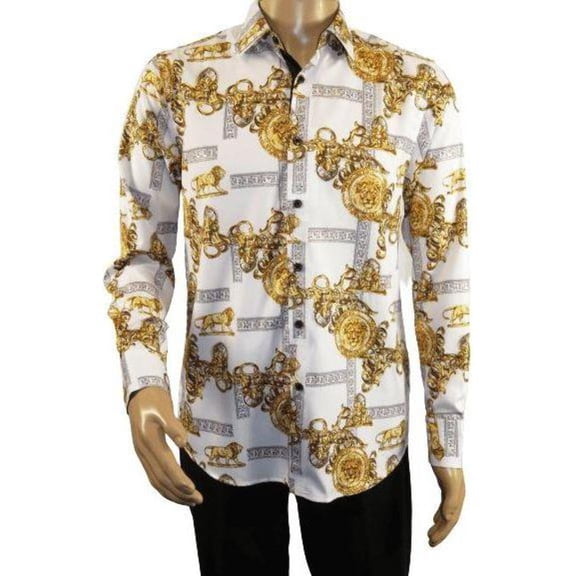 Men Sports Shirt by DE-NIKO Long Sleeves Fashion Print Soft Modal DSA125 White